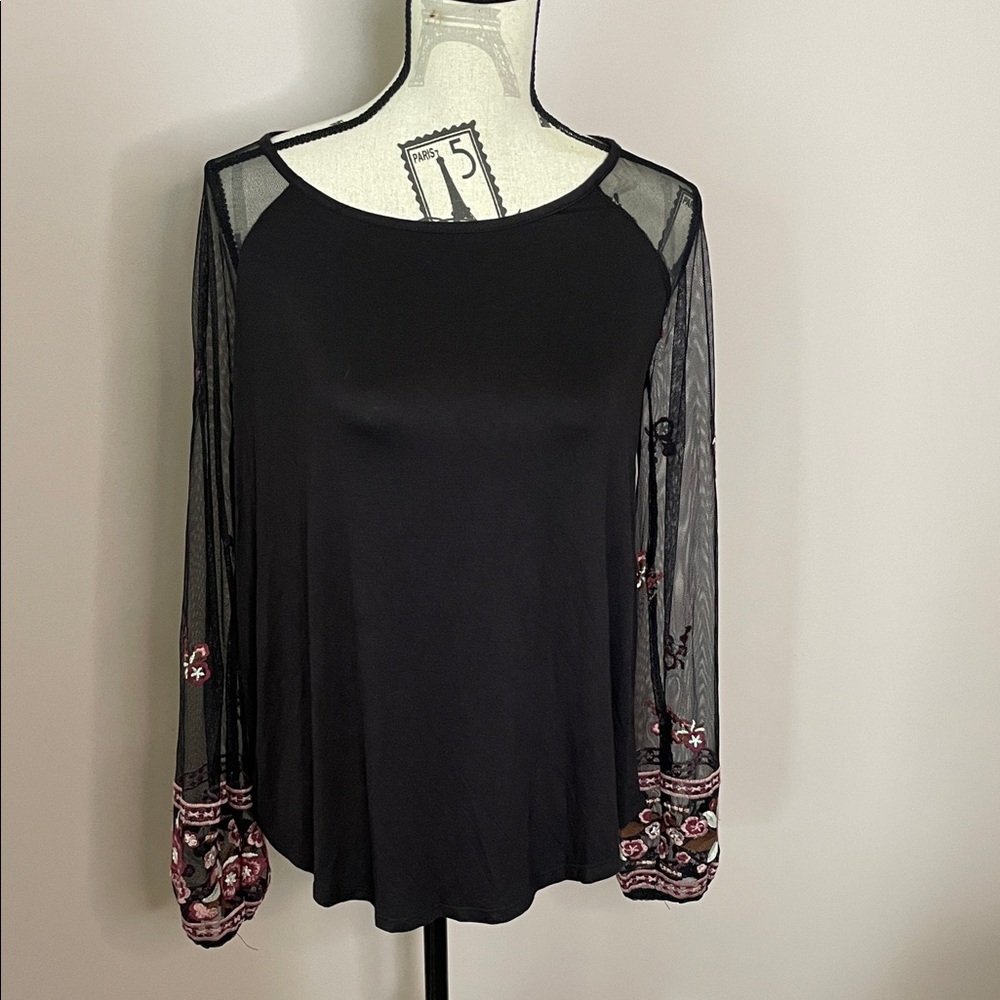 Maurices Black Blouse with Sheer Embroidered Sleeves
